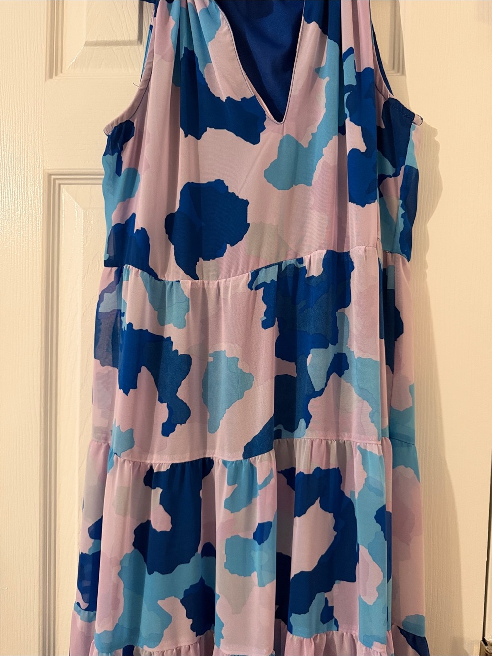 Mud Pie Sleeveless Tiered Maxi Dress in Light Pink and Blue Abstract Print